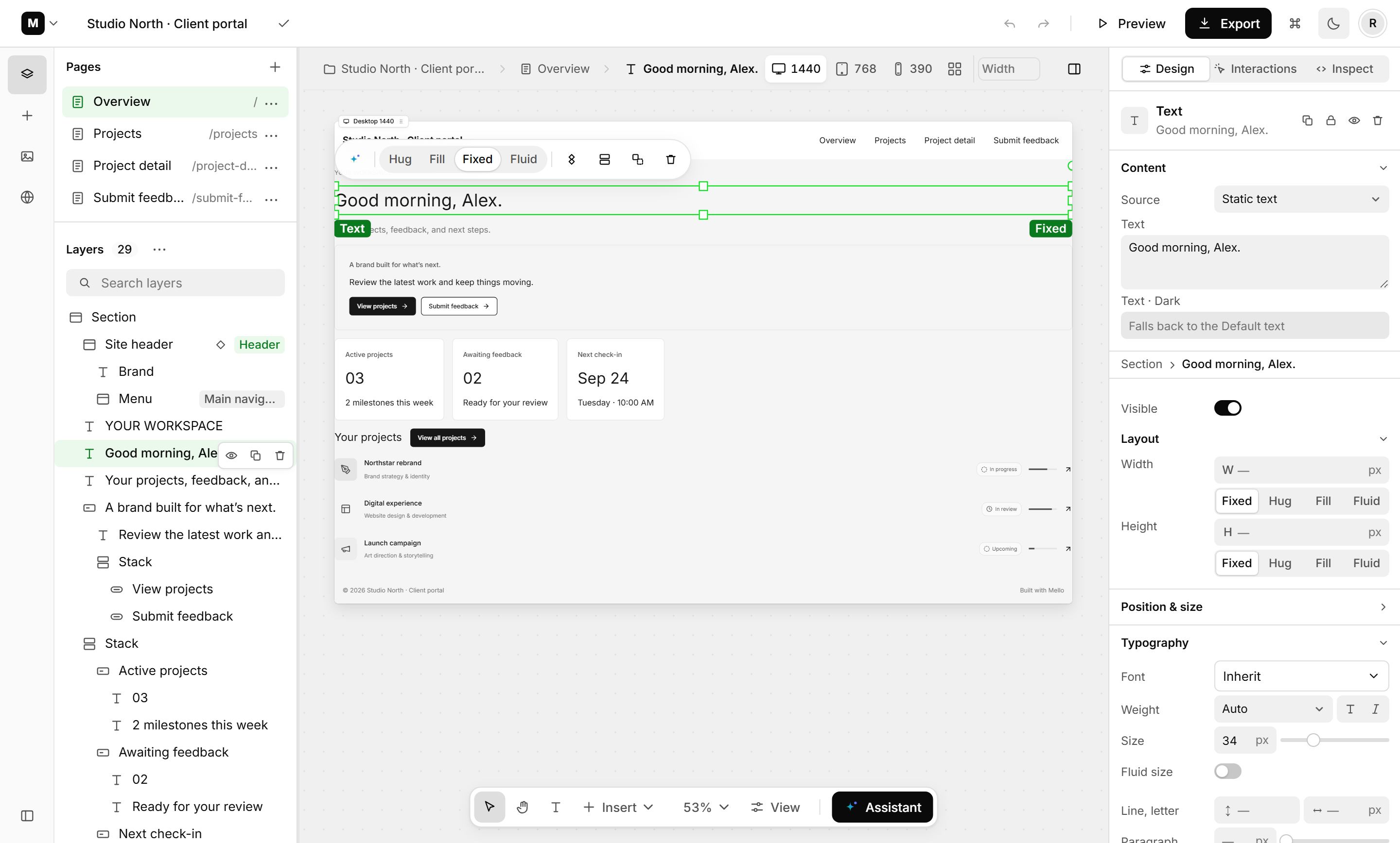 The Mello editor: pages and layers on the left, a live page on the canvas with a heading selected, and design controls on the right.