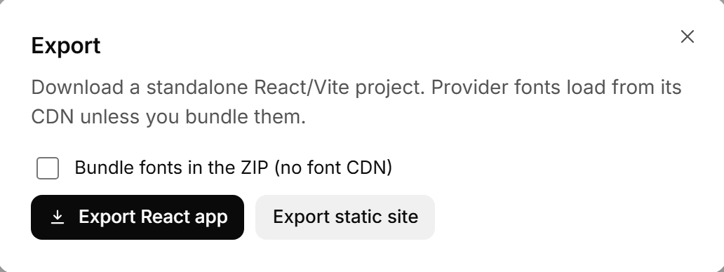 Mello's export dialog offering a standalone React app or a static site.
