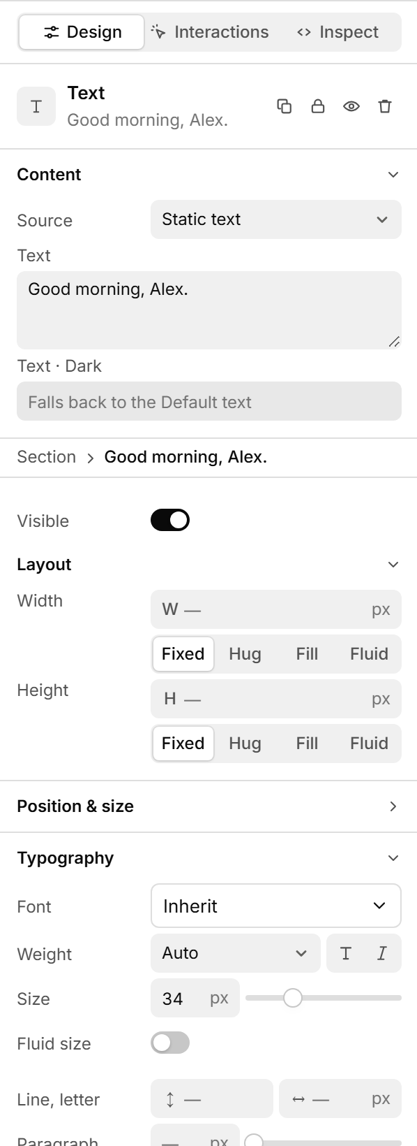 Mello's design panel with layout, sizing and typography controls.