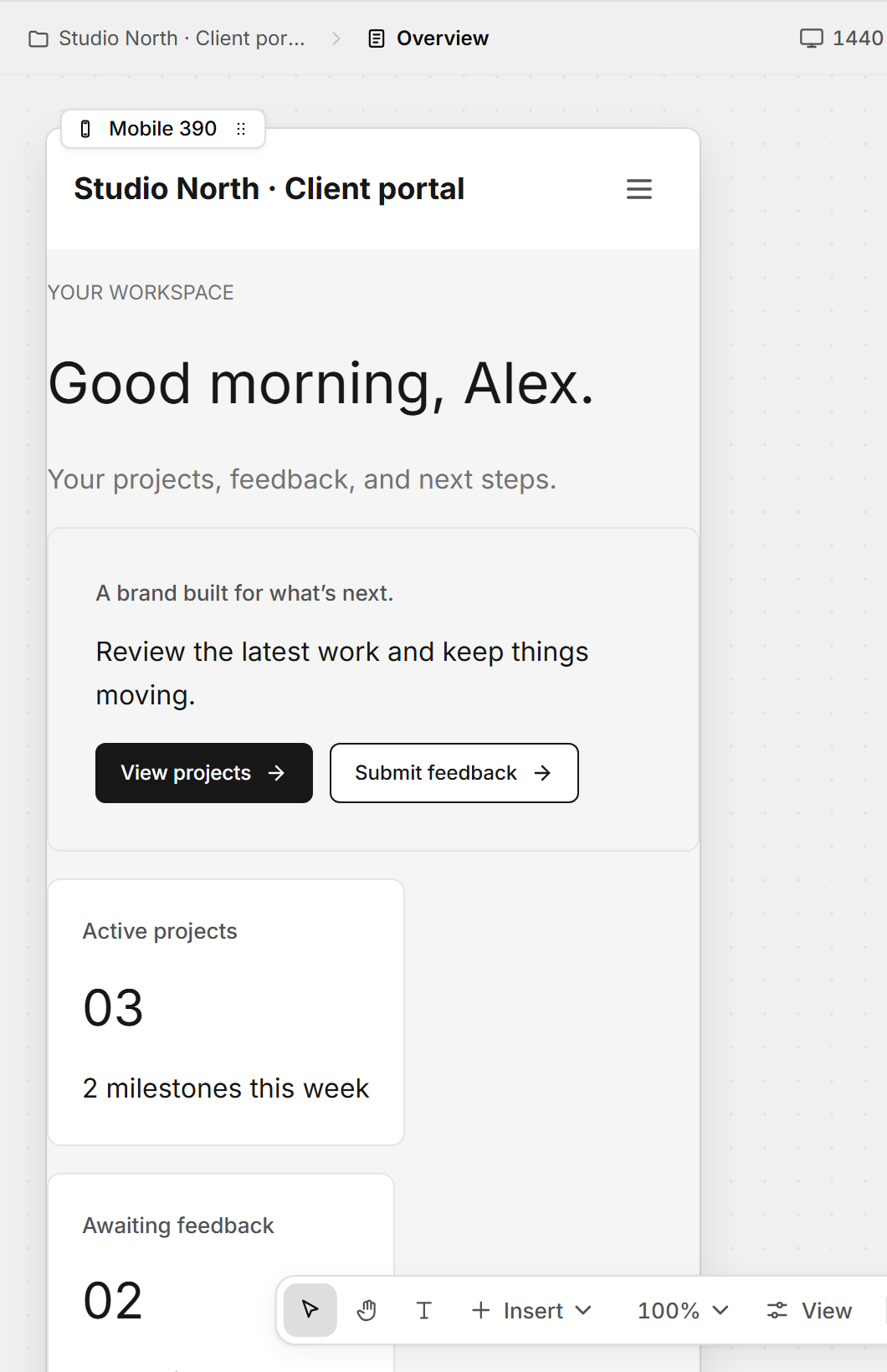 The Mello canvas previewing a page at a 390 pixel mobile breakpoint.